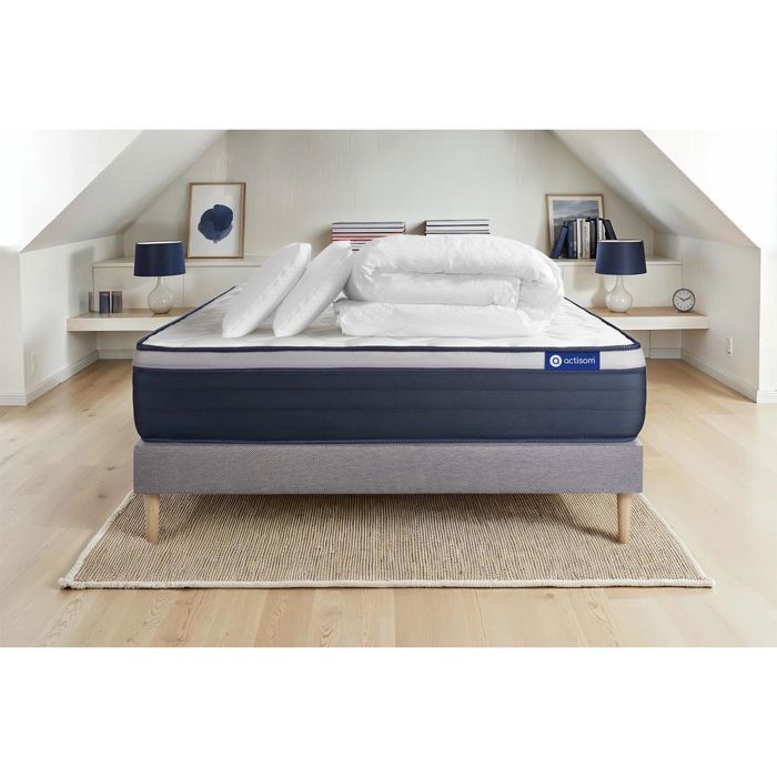 Juego de cama completo de 140x190 cm - Colchón + Base de cama gris (requiere montaje) + 2 almohadas + Edredón - Actimemo Max