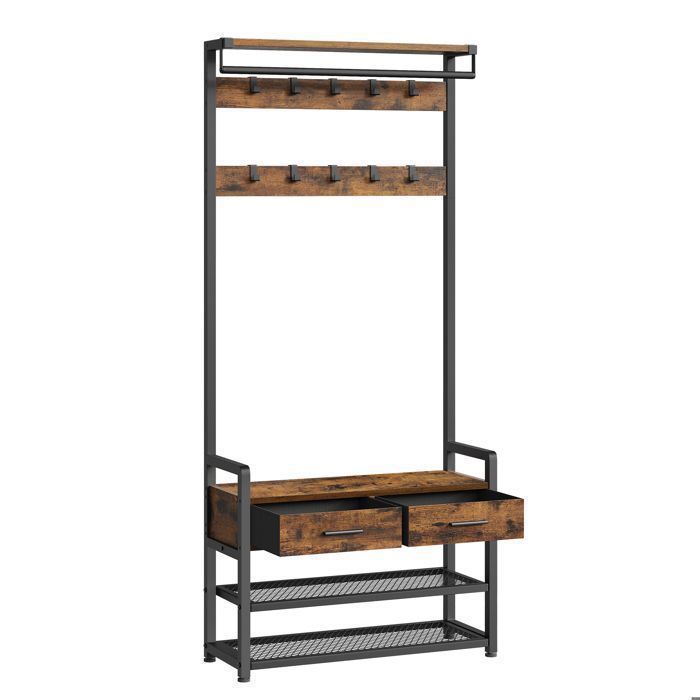 Entryway Cabinet with 10 Removable Hooks, 2 Drawers, Separable Design, 30 x 80.4 x 181.6 cm, Rustic Brown and Ink Black