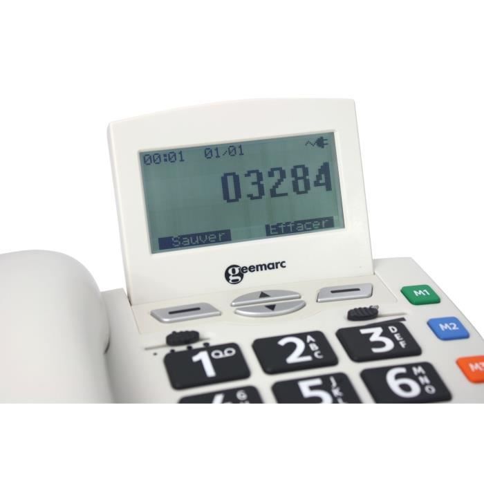 Teléfono con cable GEEMARC SERENITIES con botones grandes para personas mayores y mando a distancia de diseño.
