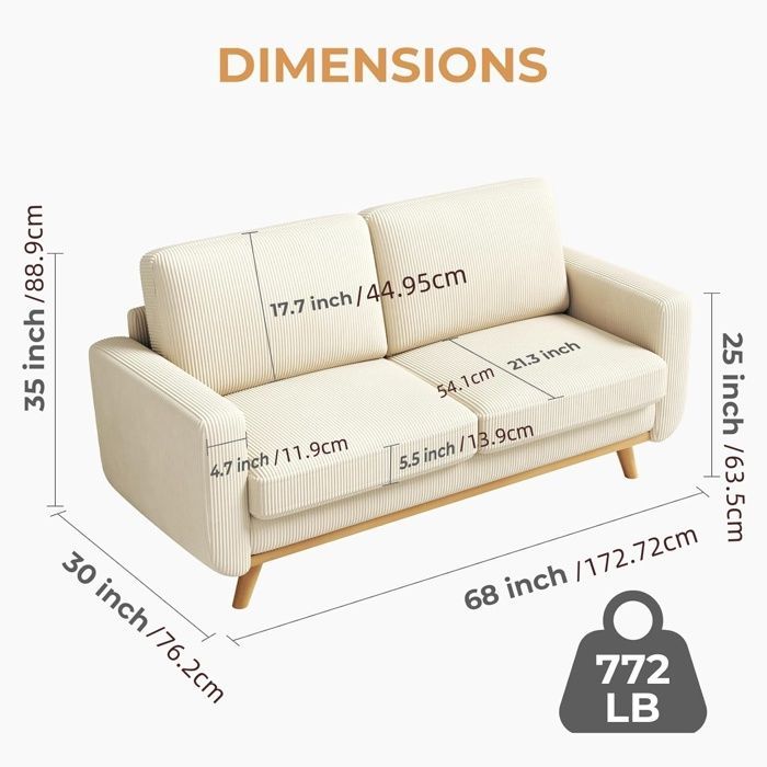 Large 2-Seater Beige Corduroy Sofa, Scandinavian Style Sofa for Living Room, Bedroom, Office, Solid Wood Legs, 172x76x88cm
