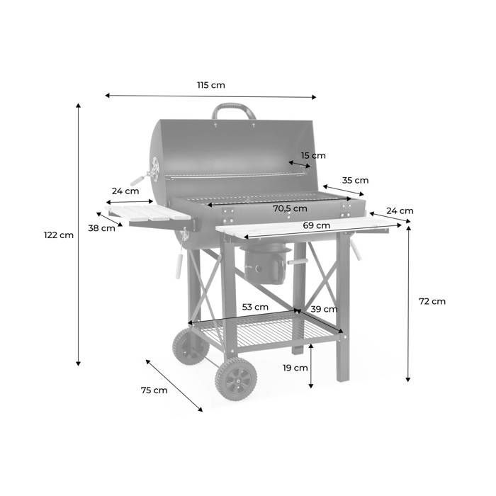 Barbecue charbon de bois, grill et fumoir américain, roues et tablettes rabattables SERGE