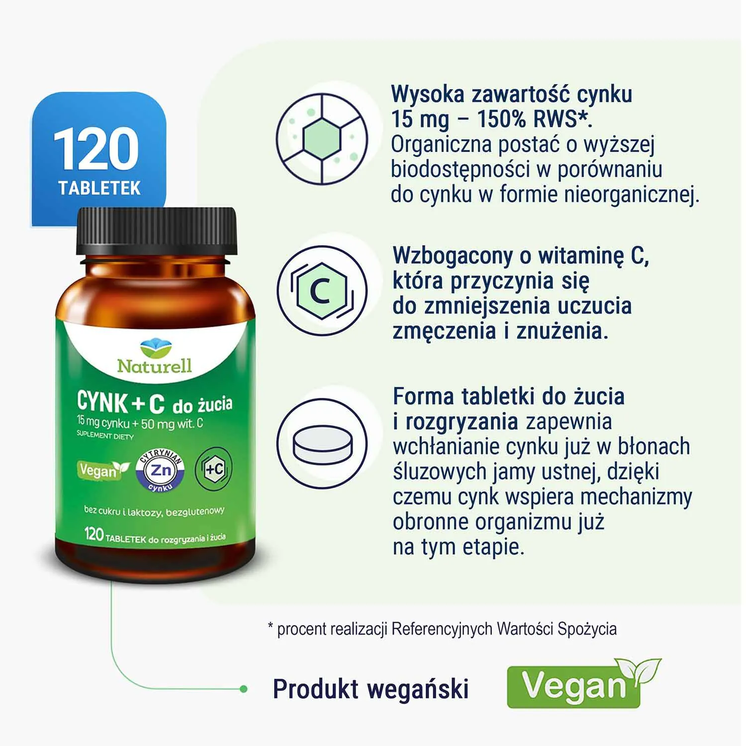 Naturell Cynk + C do żucia tabletki do rozgryzania i żucia
