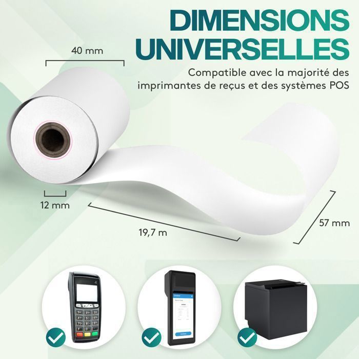 ACROPAQ 50 Bobinas Térmicas para Terminais de Pagamento 57x40x8mm - 19,7m - Terminais de Pagamento - 50 Bobinas EFT - Livre de BPA - Tamanho Universal