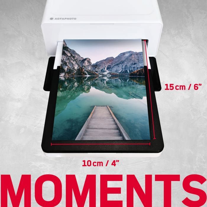 AGFA PHOTO Realipix Moments Druckerpaket + 120 Fotopatronen – Bluetooth-Fotodruck 10x15 cm, Smartphone-kompatibel – Weiß