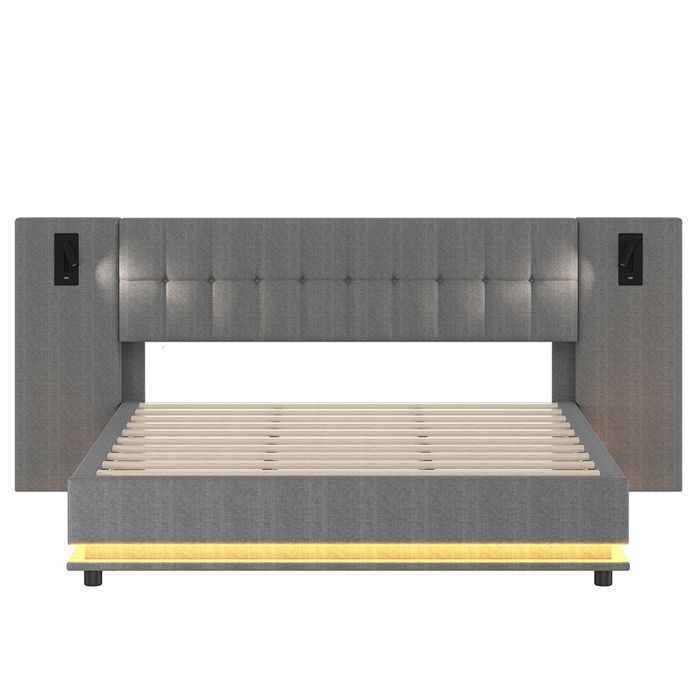 Cama de casal 180x200 cm com iluminação LED, cabeceira alta, estrado de ripas, roupa de cama, cinza.