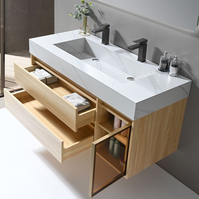 Mueble de baño LuxuryBain de 120 cm con doble lavabo, acabado en madera y efecto mármol blanco, con espejo LED (LB-8512).