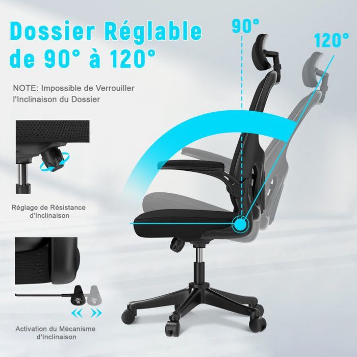 Office chair with 2D armrests and headrest, lumbar support, adjustable backrest, 50 x 64 x (120-134) cm, ergonomic chair