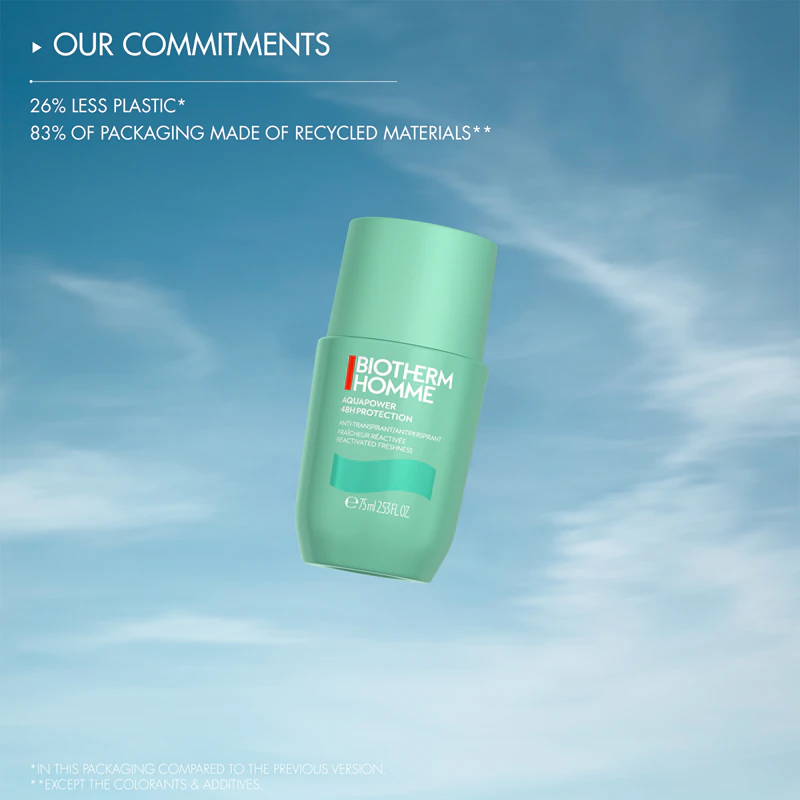Antitranspirante Biotherm Homme Aquapower 48H Protection com efeito refrescante.