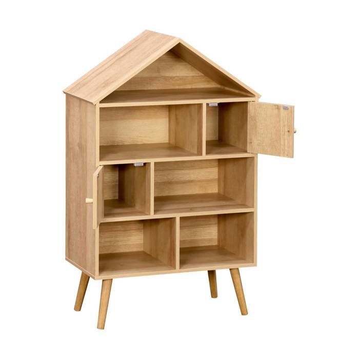 Librería de estilo bohemio con detalles de madera y mimbre, 7 compartimentos, 2 puertas.