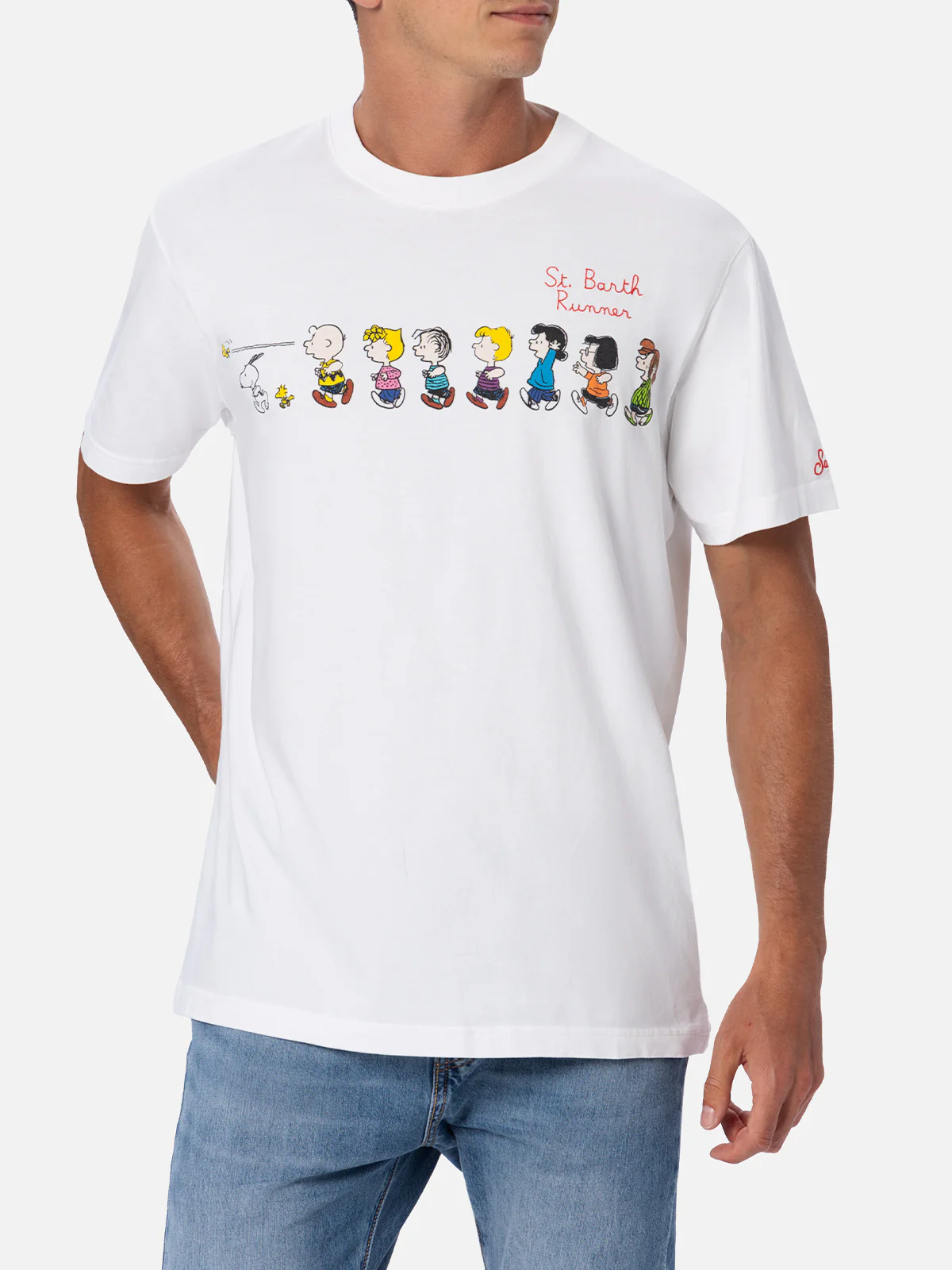 Heren T-shirt van katoen, wit, met Peanuts-print en borduurwerk | SNOOPY PEANUTS™ SPECIALE EDITIE | St. Barth Runners Embroidery | MC2 Saint Barth