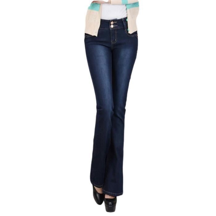 Jeans Femme Taille Haute Évasé Pantalon En Jean Slim Bootcut Stretch Effet Délavé Confortable - Bleu Fonce