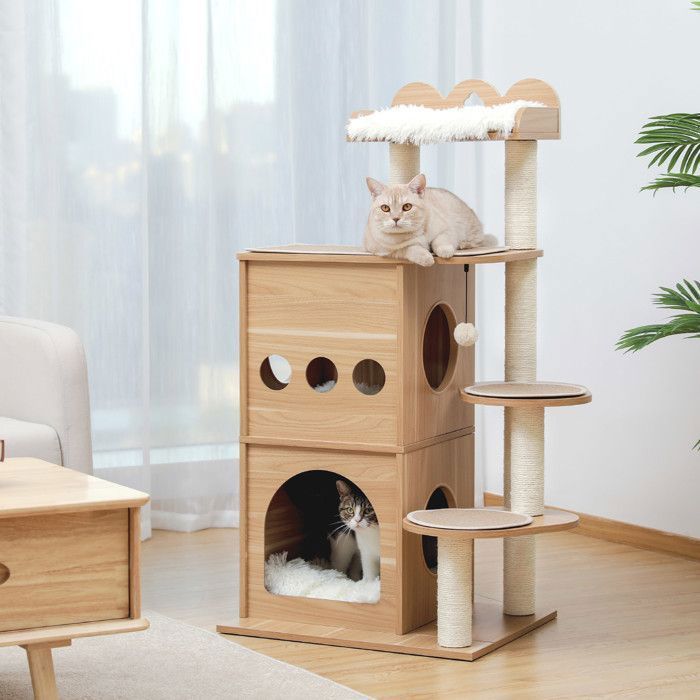 Árvore para Gatos PAWZ Road Deluxe em Madeira, Design Moderno, Poste para Arranhar, Plataforma Grande, Ninho Grande de 120cm, Bege
