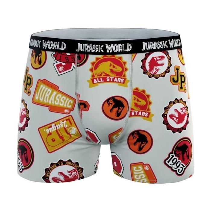 Pacote com 4 cuecas boxer infantis 100% algodão com estampa de Jurassic Park.