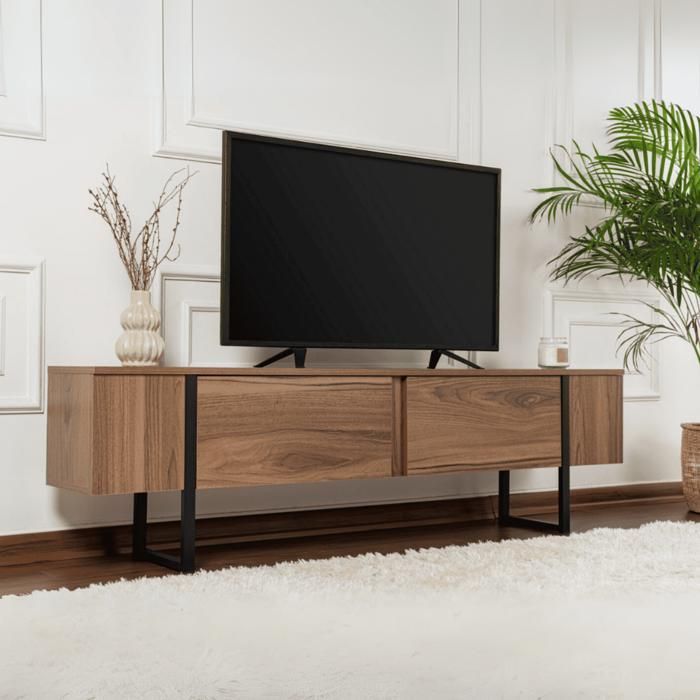 CALICOSY - Mueble para TV con 2 puertas abatibles, 180 cm de ancho - SERENITY - Nogal/Negro