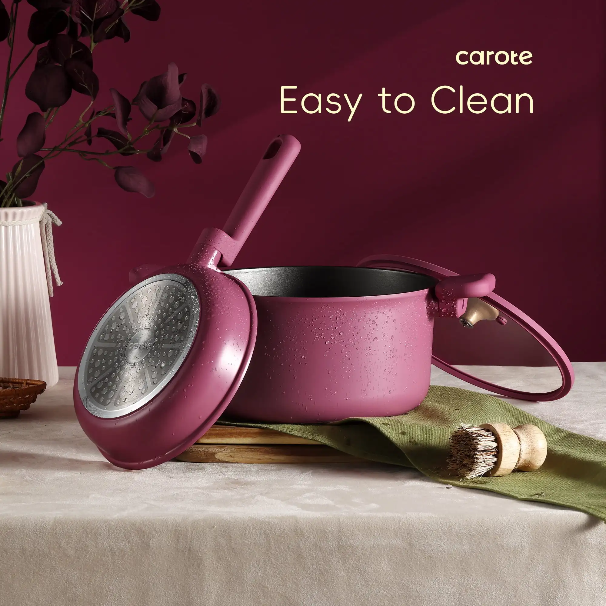 Batterie de cuisine, ensemble de casseroles et poêles antiadhésives, compatible induction, 16 pièces, rose