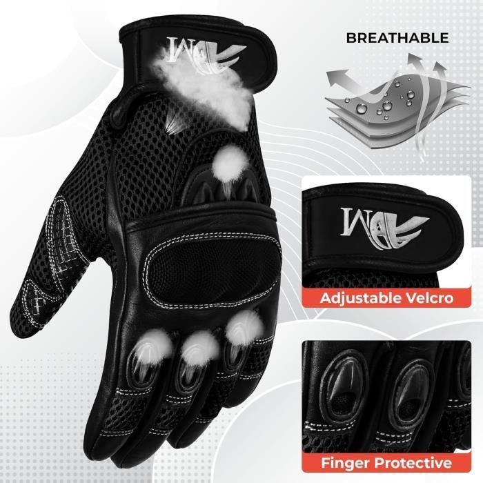 ADM CE Approved Leather Motorcycle/Scooter Gloves + Biker Logo - Soft & Breathable - Black