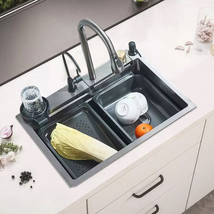 Fregadero de cocina multifuncional tipo cascada con grifo, dispensador de jabón, purificador de agua y lavavasos - 60 x 45 cm