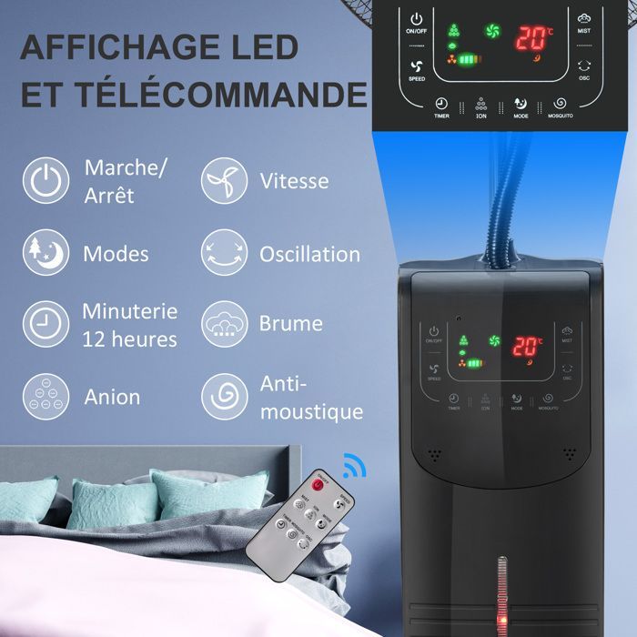 HOMCOM vernevelingsventilator - stil - 90W - op wielen, 3 standen, 3 snelheden, afstandsbediening, timer, oscillatie - zwart