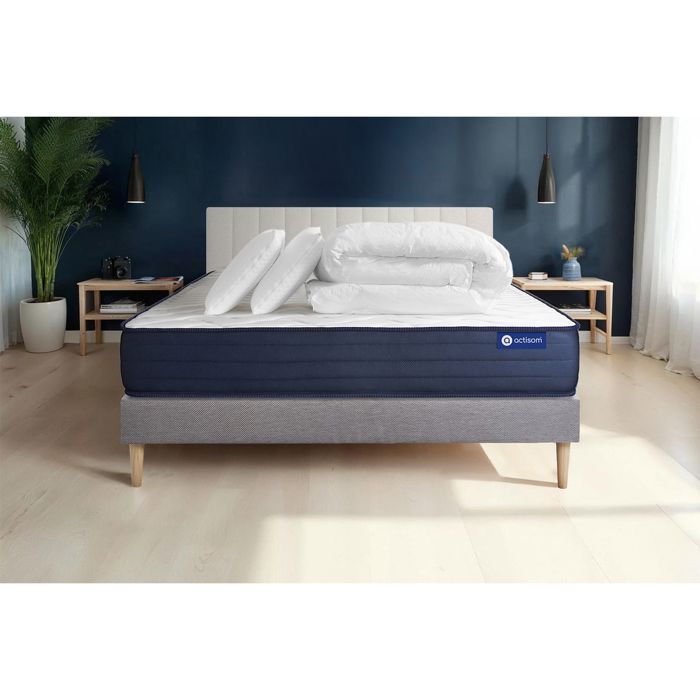 Complete bed set 180x200 cm - Mattress + Grey bed base (assembly required) + 2 pillows + Duvet - Actimemo Lif