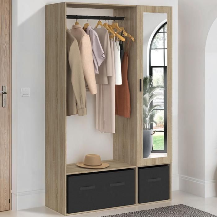 IDMARKET BERENICE wardrobe unit 105 x 40 x 172 cm beech with shelves + black storage boxes + mirror
