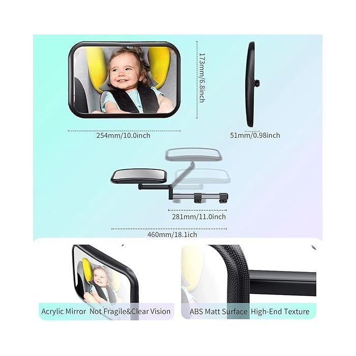 Specchietto retrovisore per auto per bambini || Rotazione a 360° || Telescopico e regolabile || 100% infrangibile con clip || + 4 accessori || Facile da usare (25 x 17,3 cm)