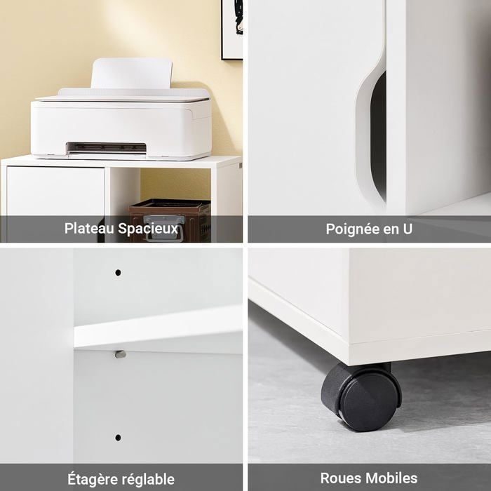 Soporte para impresora SoBuy con ruedas, armario de oficina móvil con 2 cajones, compartimento abierto, blanco, 60x35x70 cm