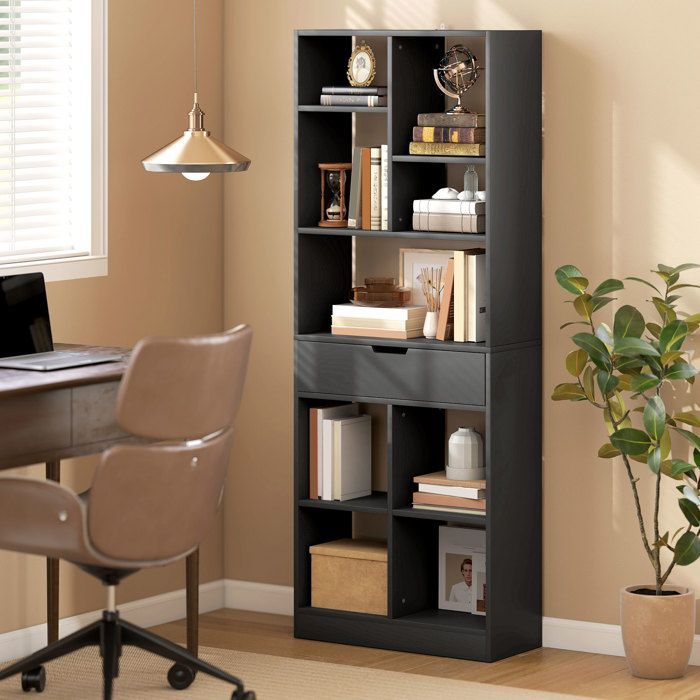 Boekenkast/opbergmeubel - HOMCOM - lade en open schappen - 60 x 26 x 158 cm - zwart