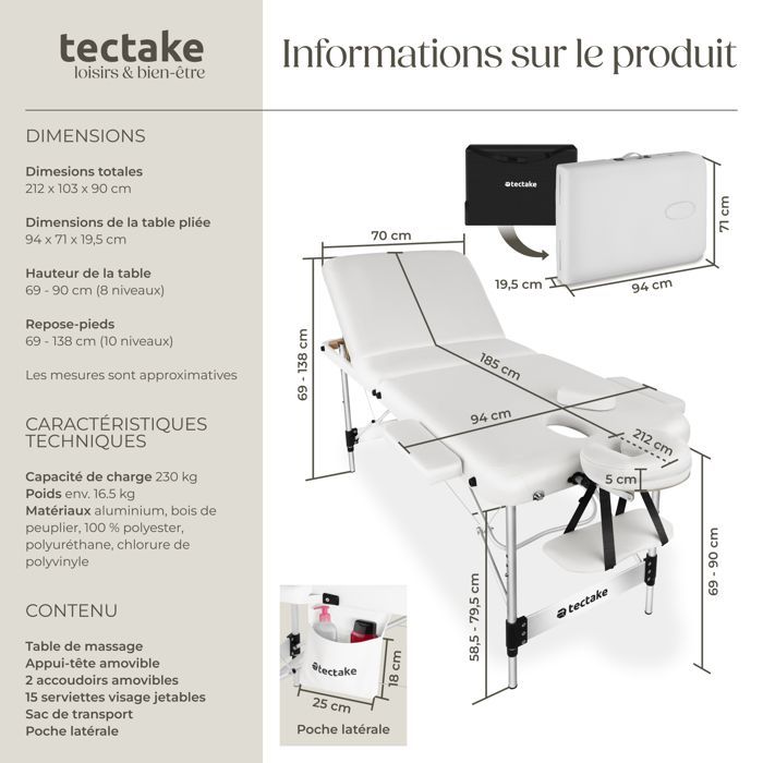 Camilla de masaje - TECTAKE - Camilla de tratamiento plegable con 3 secciones regulables en altura, 212 x 103 x 90 cm - Blanca