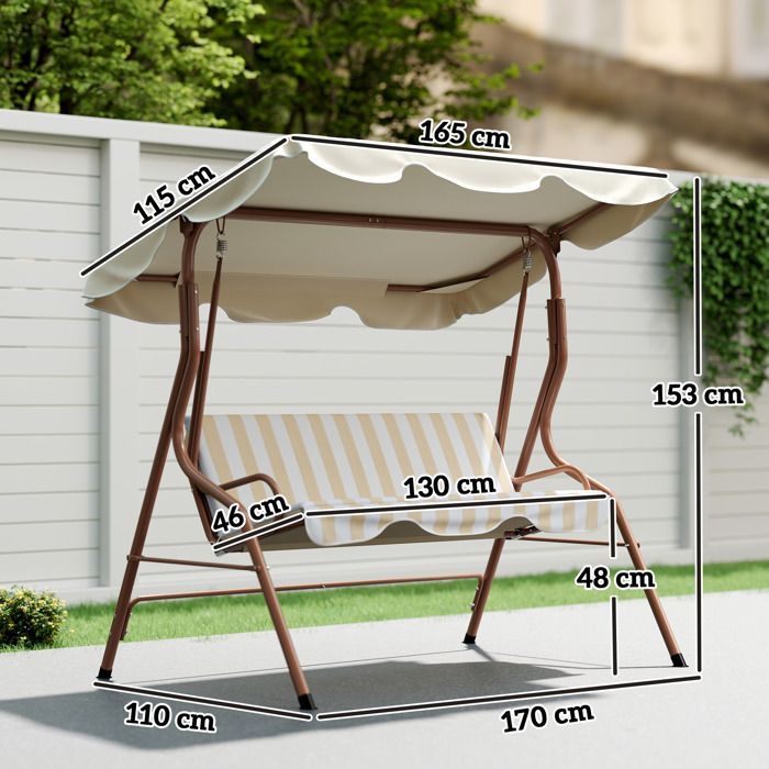 Columpio de jardín Outsunny - 3 plazas - Toldo impermeable - Inclinación ajustable - Cojines para asiento y respaldo - Rayas marrones y crema