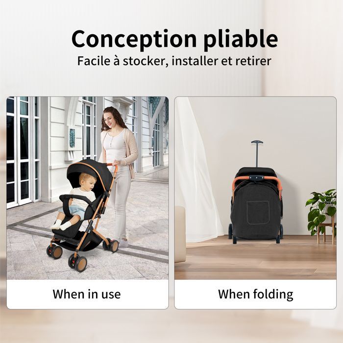 MIPAN. Poussette Légère et Compacte -Pliable Pousette Voyage  - Inclinable - Avec Auvent et Moustiquaire + Harnais 5 points - Noir