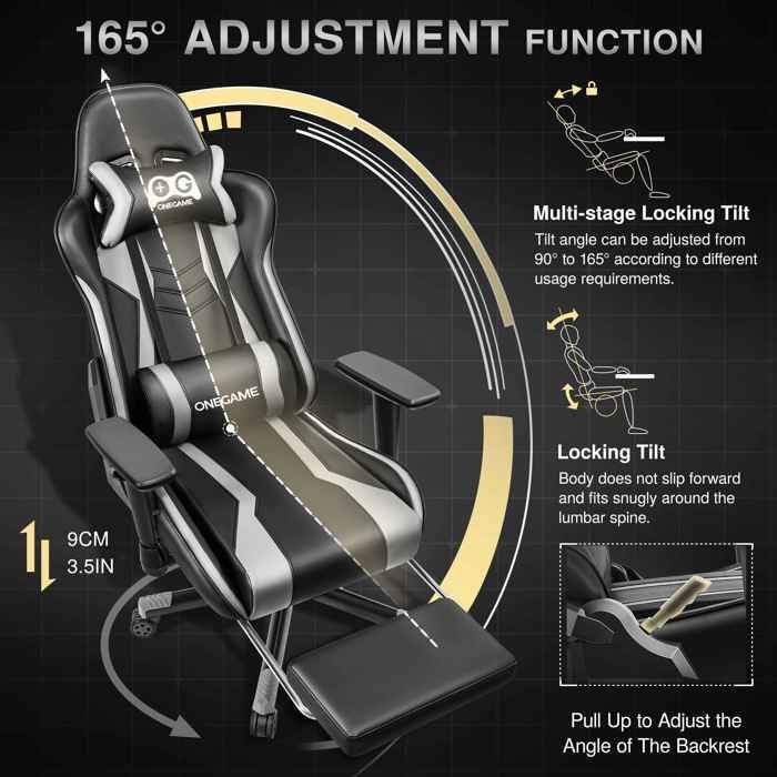 Ergonomic gaming chair with 165° recline, footrest, lumbar support, and thick seat