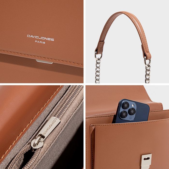 David Jones - Women's Shoulder Bag - Messenger Bag, Clutch, Small Handbag, Shoulder Bag, Faux Leather, Fashion Chains - Brown