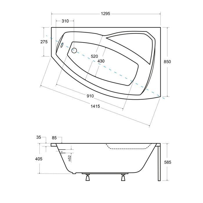 Baignoire Bain d'angle 130x85 Droite + appui-tête + Siphon + pieds RIMA