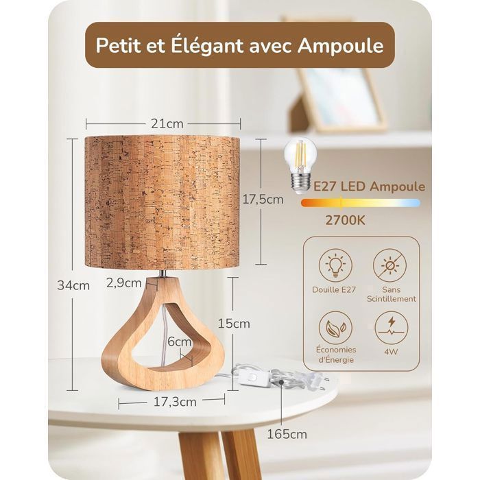 Lámpara de mesa EDISHINE con pantalla de corteza natural, base teñida en roble claro y bombilla LED E27 incluida.