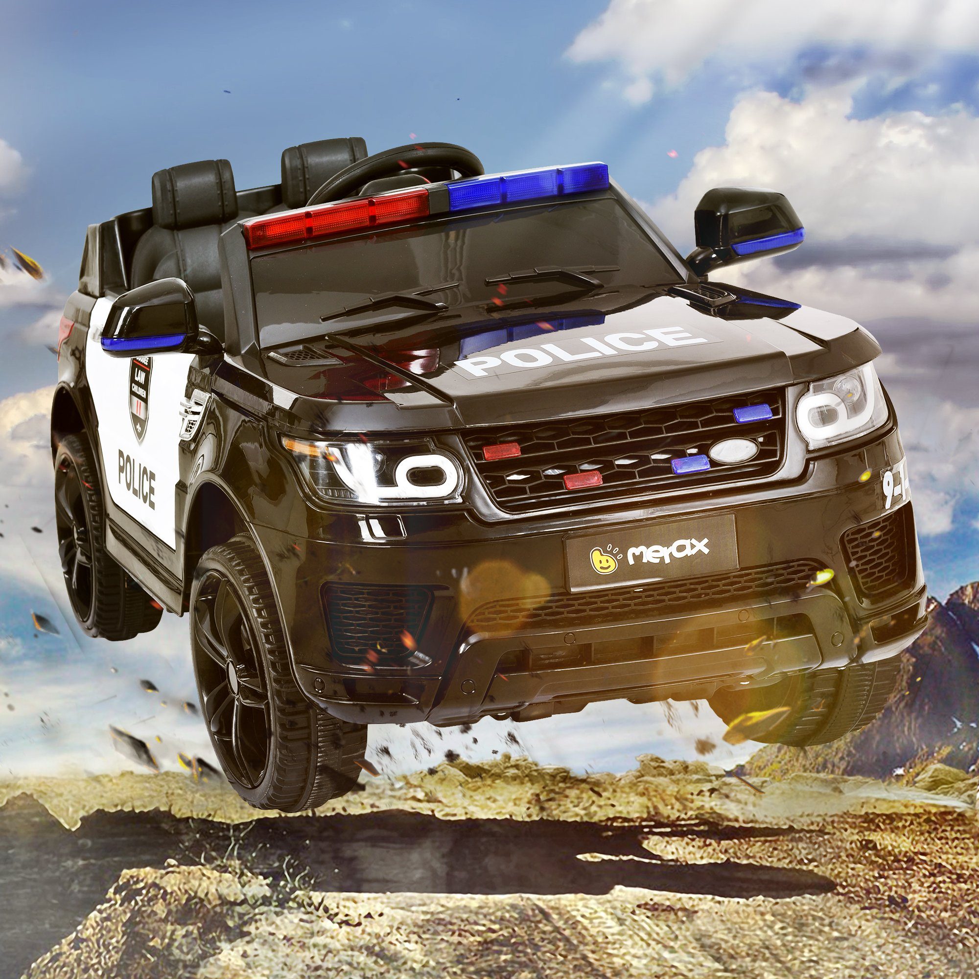 Merax sähköinen lastenauto USB:llä, AUX:lla ja Bluetoothilla, mukaan lukien kaukosäädin, kantavuus 30 kg, sähköinen poliisiauto, lastenauto