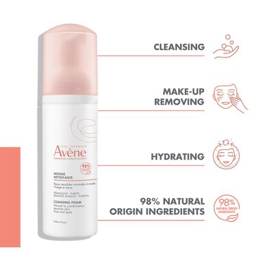 „Avène“ valomosios putos veidui ir akims, makiažo valiklis jautriai odai, 150 ml