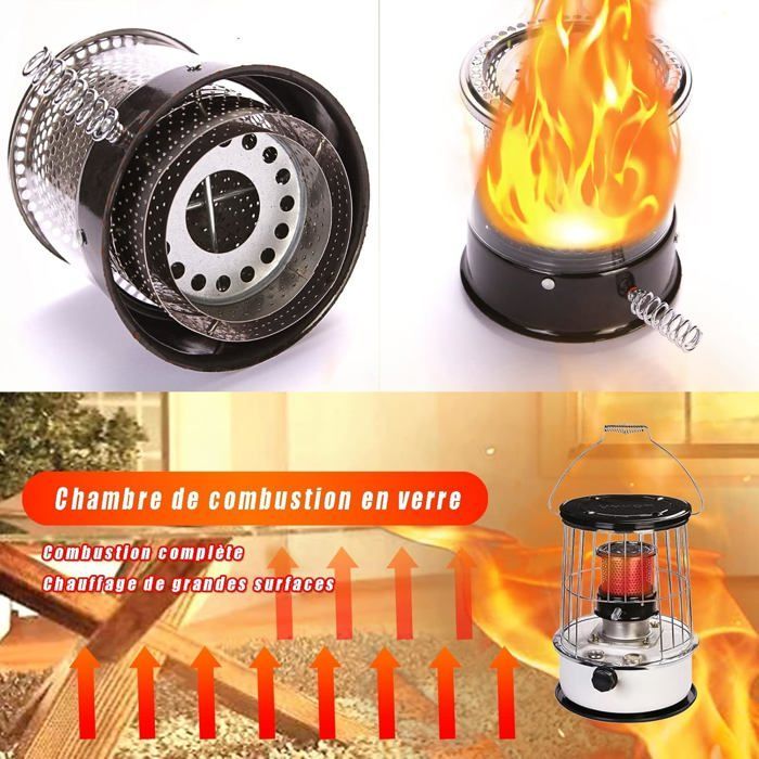 Poêle à pétrole - KZQ - Portable - 3000 W - Chambre de combustion en verre - Sécurisé