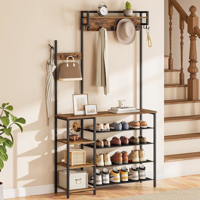 HOOBRO Coat Rack with Shoe Shelf, 3-in-1 Wardrobe, Reversible Side Shelf, Rustic Brown and Black