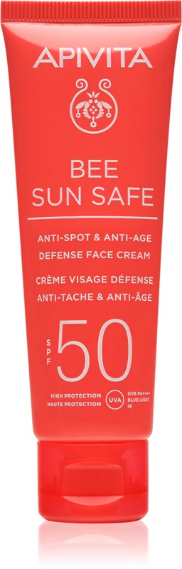 Apivita Bee Sun Safe pretnovecošanās un pinņu sejas krēms ar SPF 50