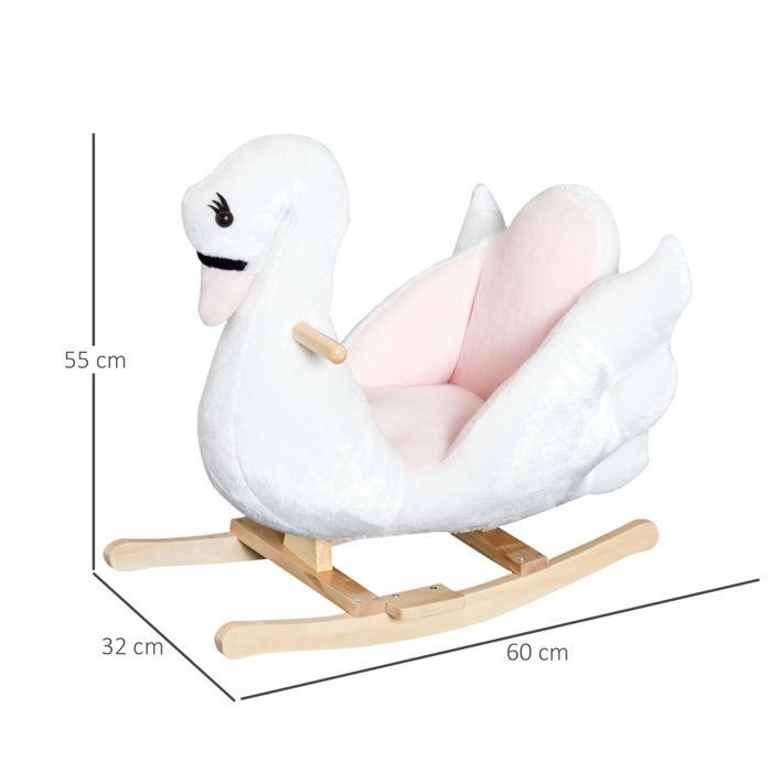 Cisne de balanço de brinquedo para crianças a partir de 18 meses, com função musical e pés de madeira - branco e rosa.