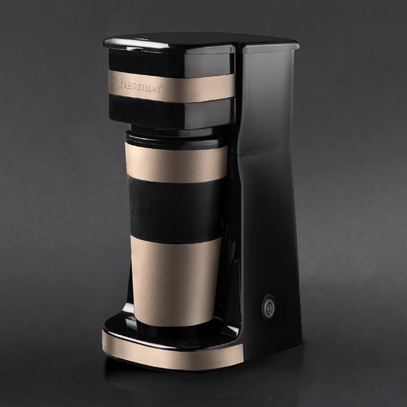 Compact coffee machine with thermal mug, beige