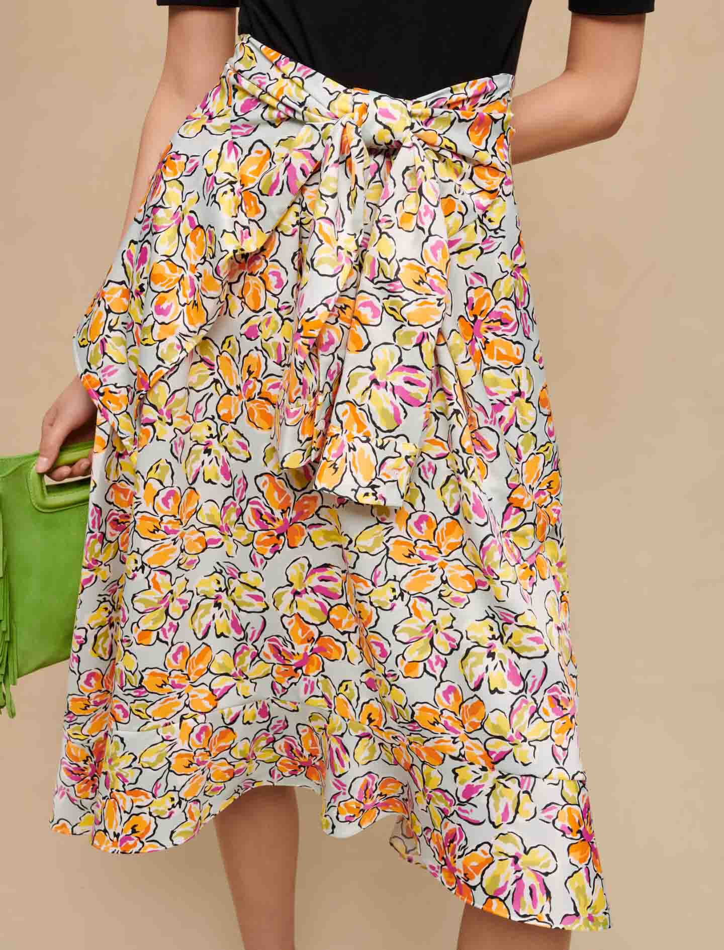 Rok met bloemenprint en knoopdetail - Hibiscus oranje/blauw