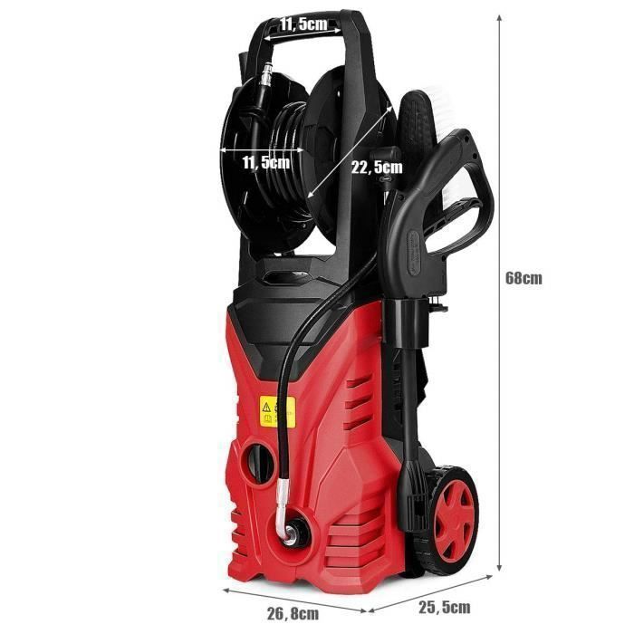 Hidrolimpiadora GOPLUS de alta presión, 140 bar, 1500 W, 300 l/h, boquilla de alta presión, manguera de 5 m con 2 ruedas, color rojo.