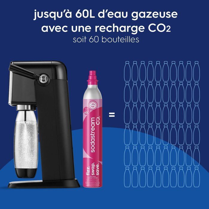 Soda and sparkling water maker - SODASTREAM - ART - 1 dishwasher-safe bottle - 1 x 60L gas refill - Black