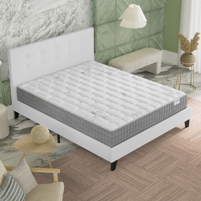 Colchón y cama (140x200cm) - Galicia 25cm Muelles ensacados y espuma viscoelástica + Base de láminas y cabecero tapizados en blanco