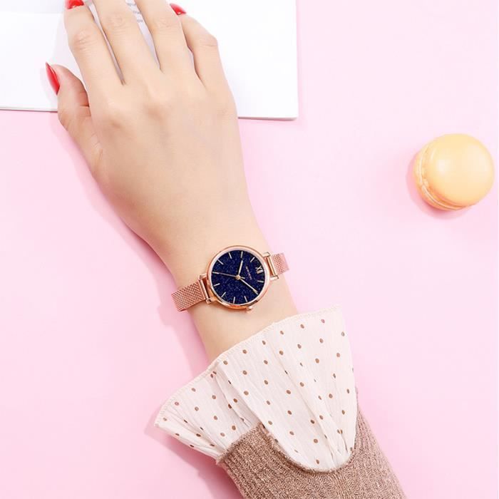 Reloj de cuarzo de lujo para mujer SHARPHY con esfera estrellada, brazalete de acero color oro rosa, luminoso y resistente al agua.