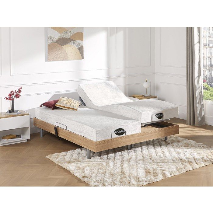 Cama eléctrica de relajación con base de láminas + colchón de espuma viscoelástica y bambú - 2 x 90 x 200 cm - Roble - LYSIS III de NATUREA