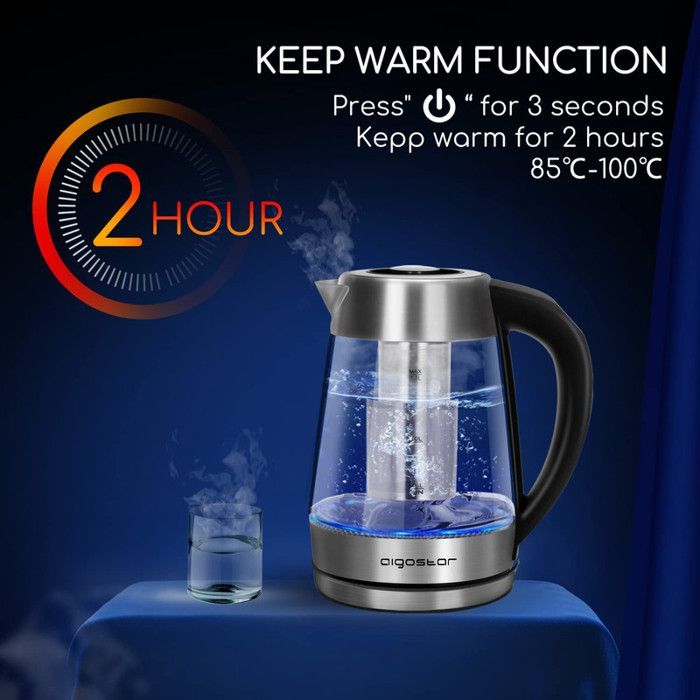 Chaleira Aigostar Cris com infusor de chá removível, 1,7L em vidro borossilicato, 2200W, cores LED