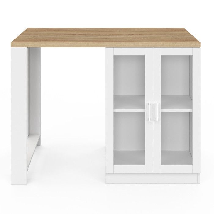 Isla central IDMARKET LINO de 120 cm para 2 personas, madera blanca con encimera efecto haya y puertas de cristal.