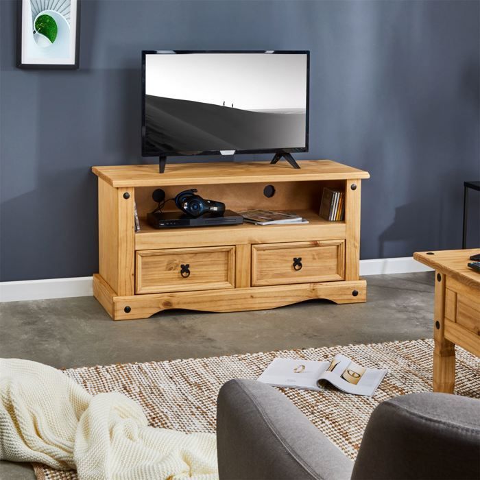 Mueble para TV SALSA, banco de madera de estilo mexicano de 108 cm con 2 cajones y 1 nicho, fabricado en pino macizo con acabado teñido y encerado.